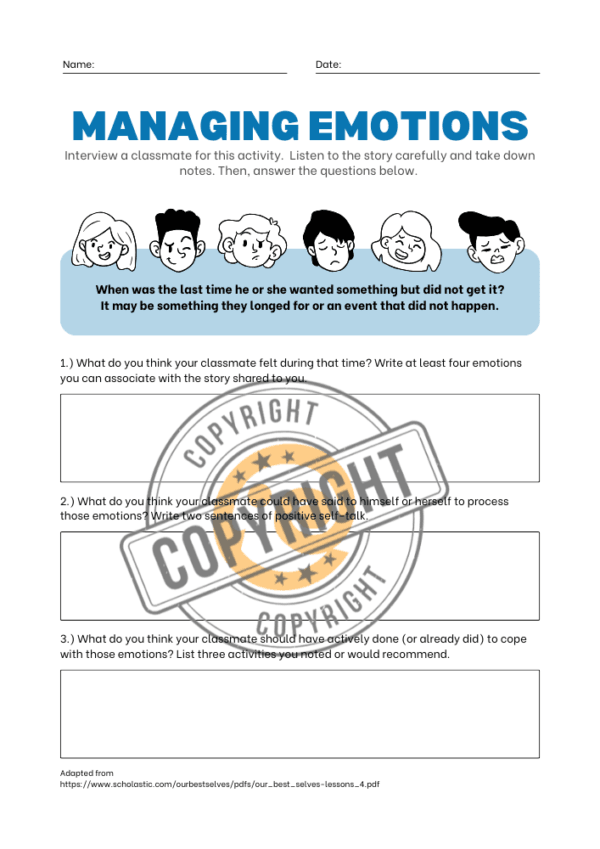 Blue Simple Lined Managing Emotions Social and Emotional Learning Worksheet