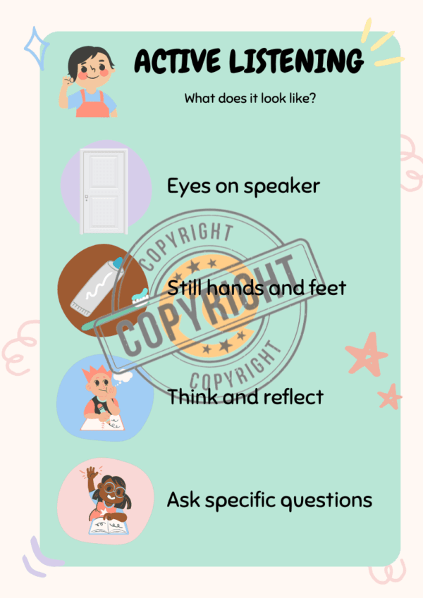 Pastel Illustrated Active Listening Classroom Poster